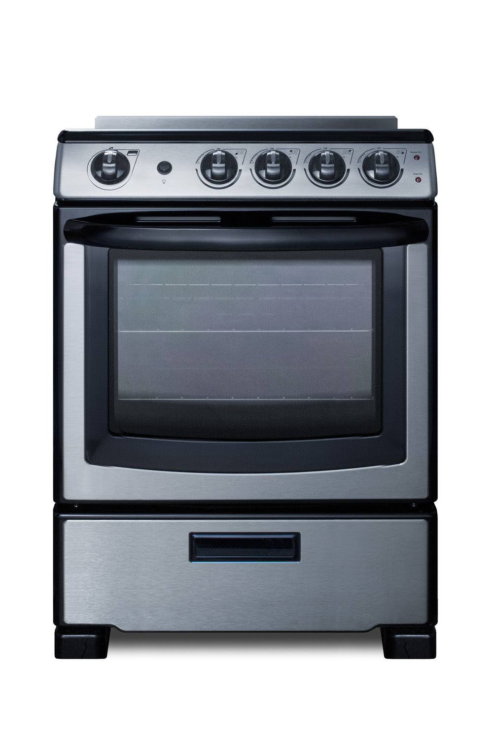Compact electric range with stainless steel finish, five control knobs, large oven window, and storage drawer below