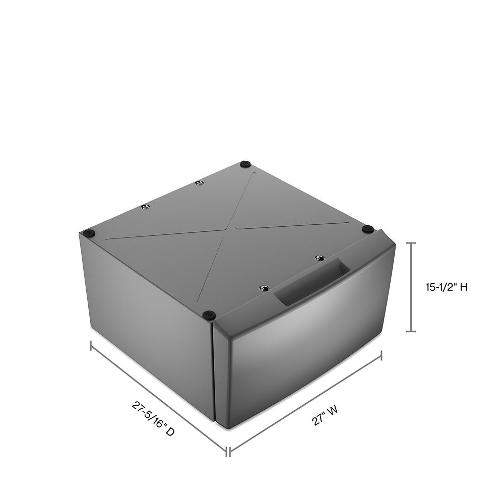Gray laundry pedestal with storage drawer for front load appliances, part of appliance and washer accessories.