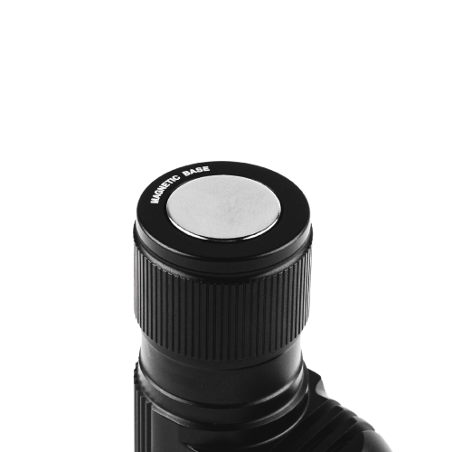 Close-up of black rechargeable headlamp with textured grip and magnetic base for hands-free tools and home improvement use