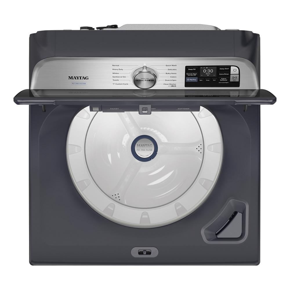 Top load washer in dark gray with digital control panel and Pet Pro filter for pet hair removal in washers collection