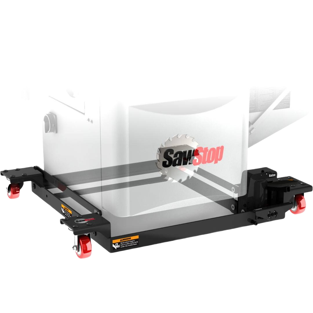 Heavy-duty black steel mobile base with red caster wheels for workshop organization and woodworking tools collections