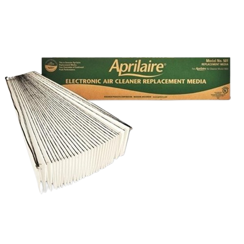 Pleated rectangular electronic air filter replacement media with green and yellow packaging for home improvement use