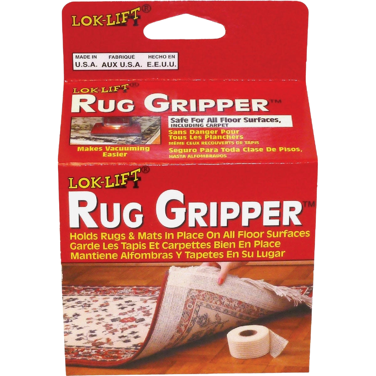 Red and yellow Lok-Lift rug gripper packaging showing tape securing a rug edge on hardwood flooring.