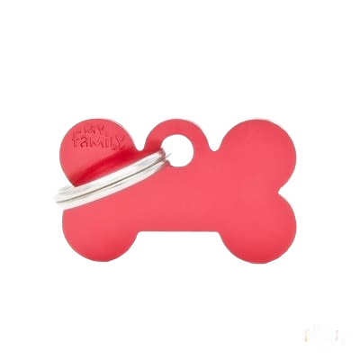Small red bone-shaped dog tag with metal ring for pet identification and attachment to collars