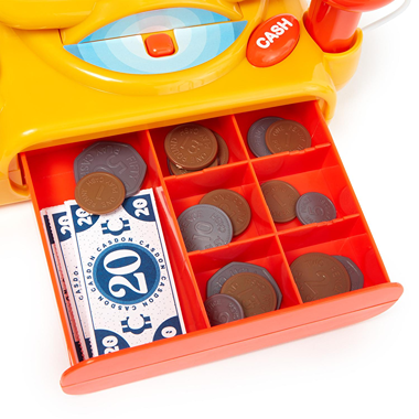 Orange toy cash register drawer open with play money and plastic coins, part of Pretend Play Toys under $50 collection