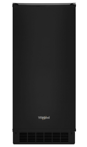 black freestanding 15-inch icemaker with sleek design and Whirlpool branding in kitchen appliances collection