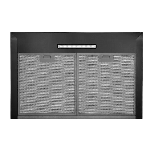 Black stainless steel pyramidal range hood with dual mesh filters and integrated LED lighting from kitchen appliances collection