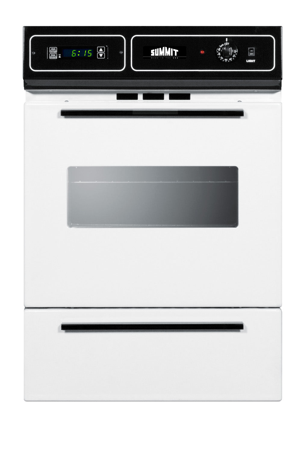 White gas wall oven with black control panel featuring digital clock, knob, and window for kitchen use and home improvement