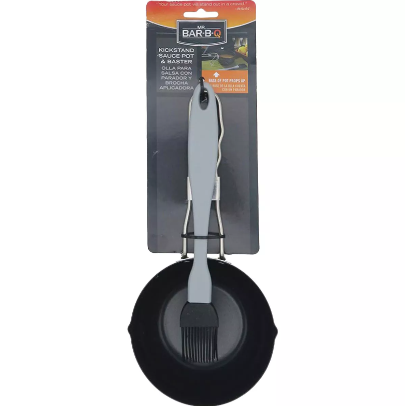 Black non-stick sauce pot with gray handle and attached basting brush, featuring a kickstand base for easy upright placement, ideal for grilling accessories and outdoor cooking.