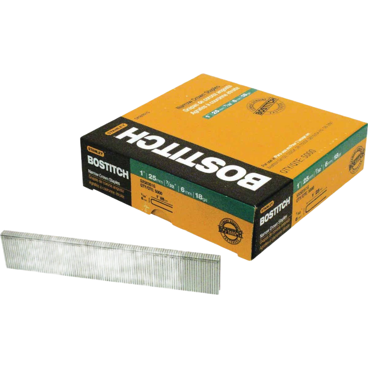 Box of coated 18G 1-1/2 inch narrow crown staples with a strip of staples for home improvement and fasteners collection