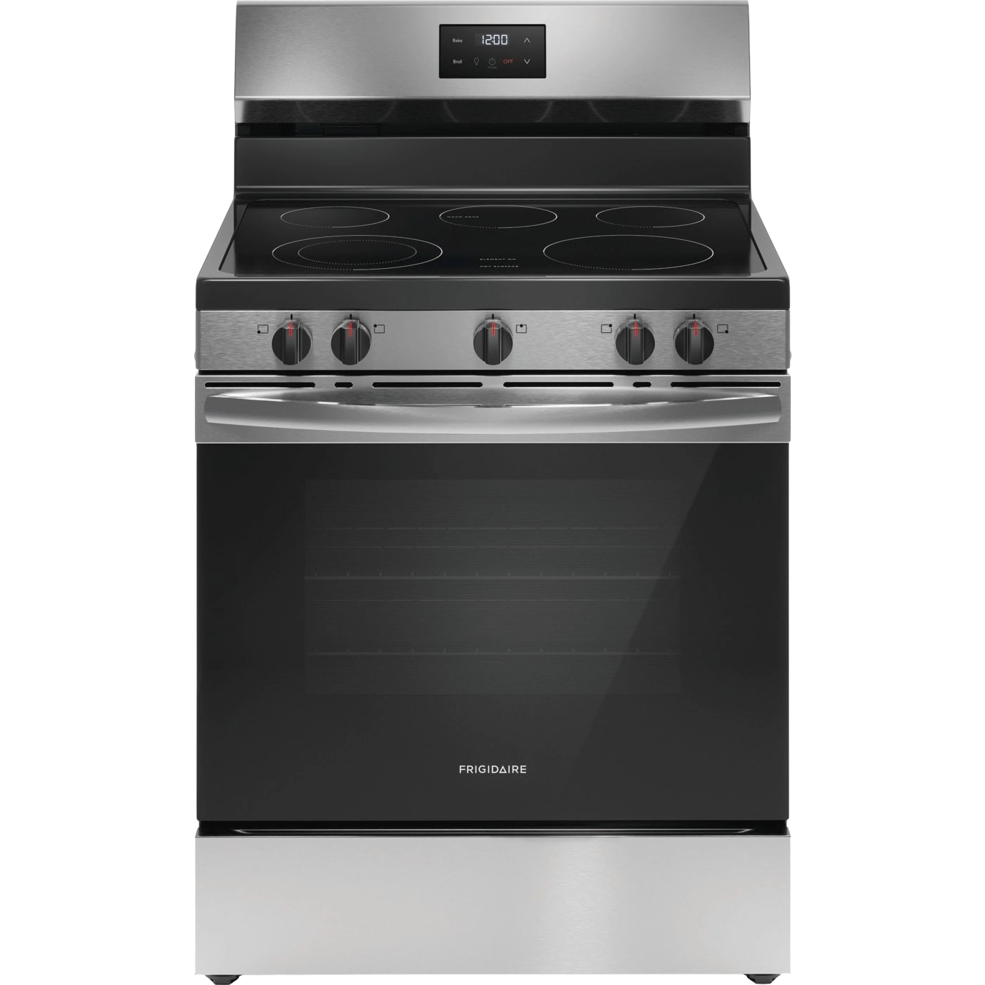 Stainless steel electric range with smooth cooktop, five burners, digital display, and large oven window for kitchen appliances.