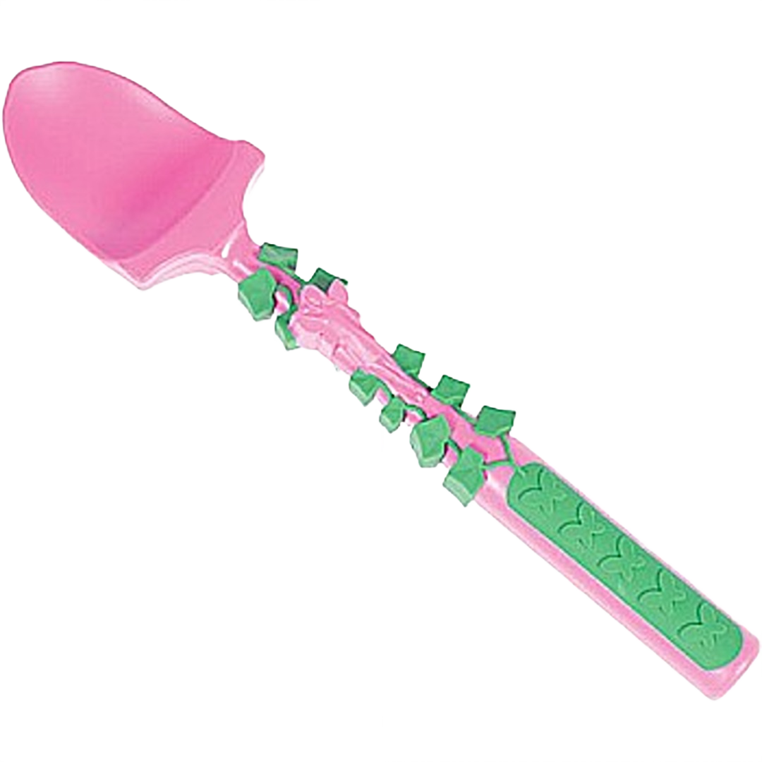 Pink garden spoon with green vine and leaf details on handle for gardening and outdoor use