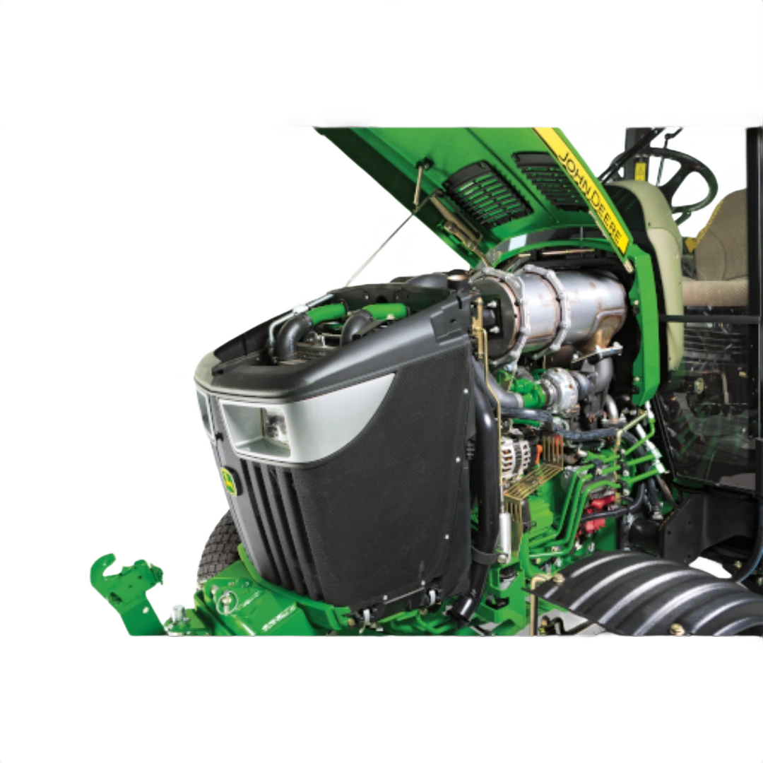 Close-up view of the John Deere 4052R compact tractor’s open hood showcasing the engine and mechanical components, featured in Outdoor Power Equipment at Hartville Hardware.
