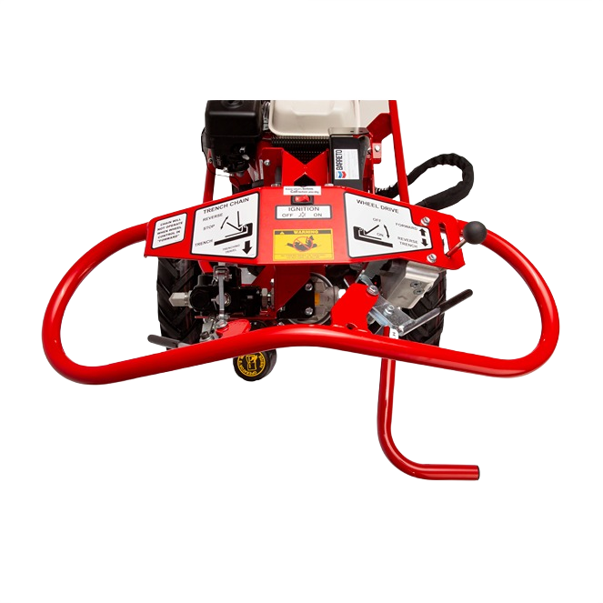 Red micro trencher with free-wheeling hubs and ergonomic handle, part of rental equipment for home improvement tools at Hartville Hardware.