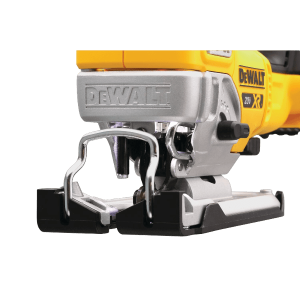 Yellow and silver cordless jigsaw with 20V battery, ergonomic design, and metal blade guard for tools and home improvement tasks