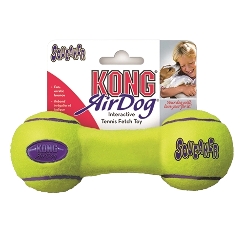 Bright yellow interactive dog toy shaped like a dumbbell with squeaker features for fetch and play sessions