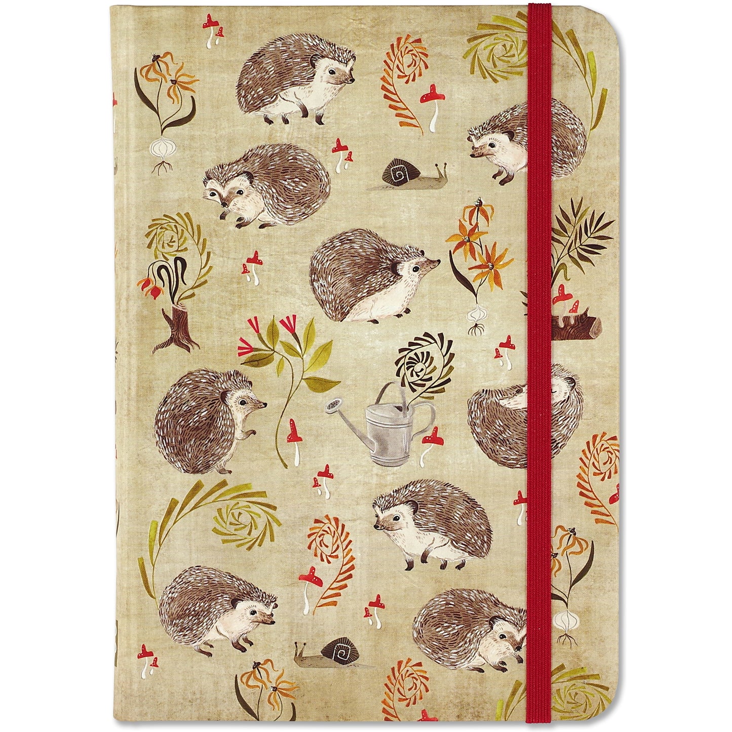 Cream-colored notebook cover with illustrated hedgehogs, snails, mushrooms, and plants secured by a red elastic band