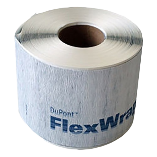 Roll of white Tyvek Flexwrap building tape with printed blue logo for sealing and weatherproofing in home improvement projects