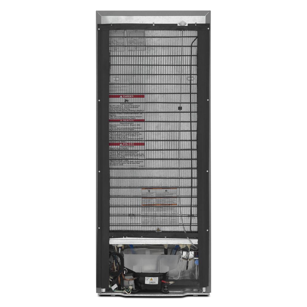 Rear view of 24-inch wide top-freezer refrigerator showing cooling coils and compressor from appliances collection