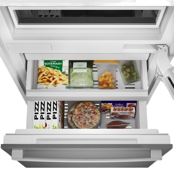 open built-in bottom freezer refrigerator drawer with organized frozen food storage including pizza and vegetables for kitchen appliances