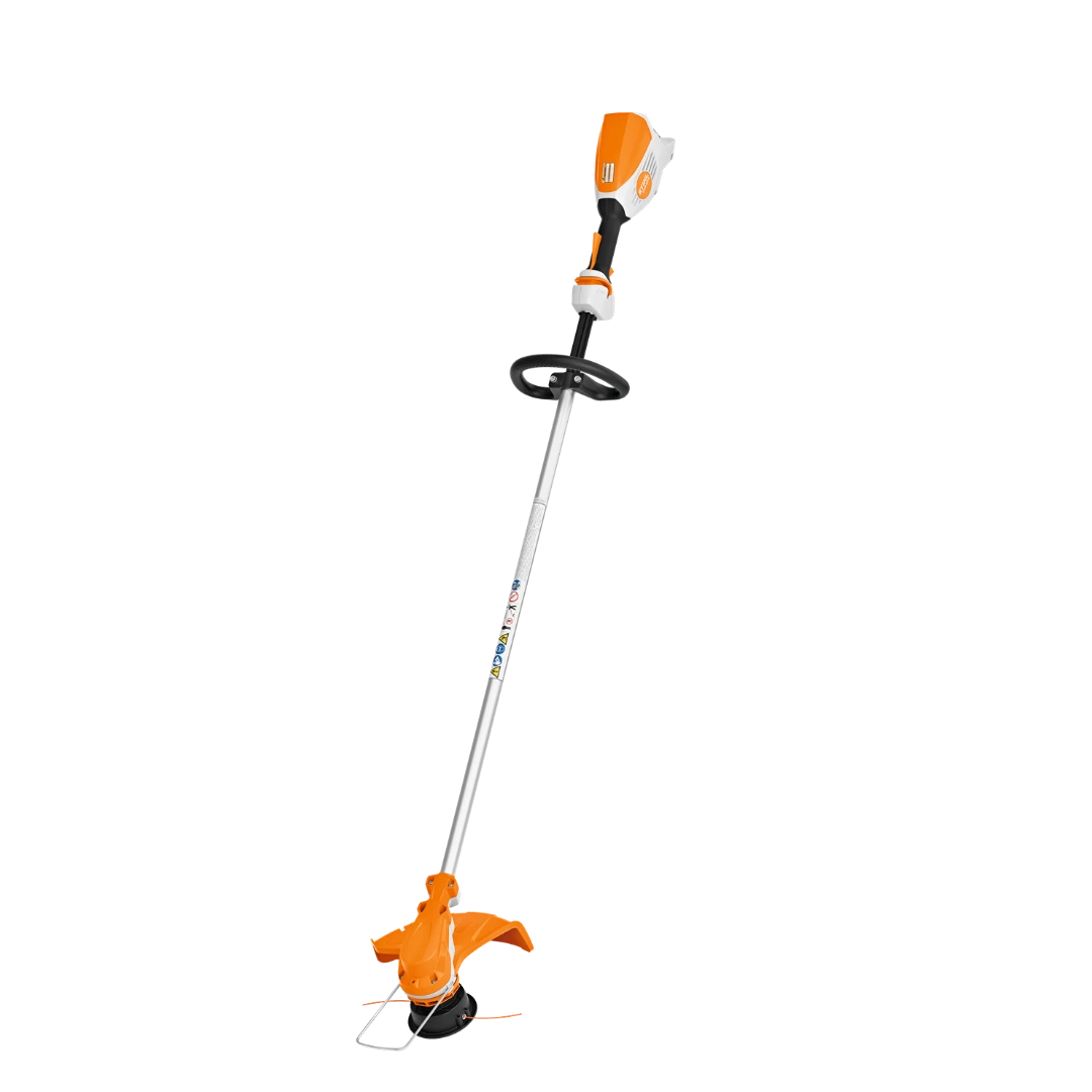 Orange and white battery-powered string trimmer with loop handle and adjustable shaft for outdoor lawn care tasks