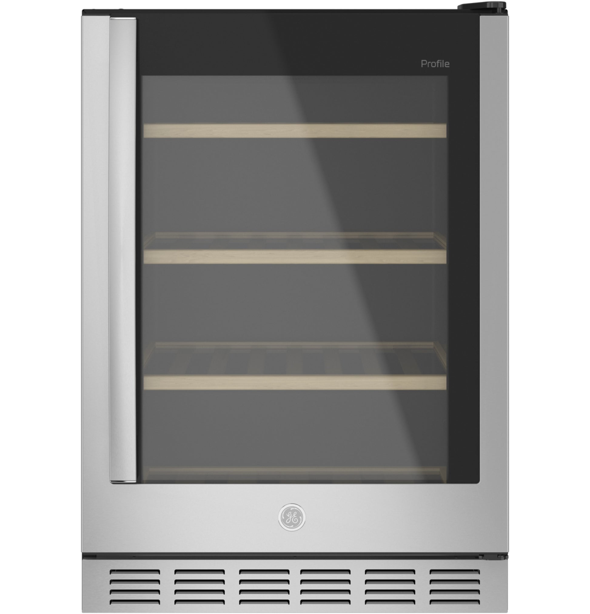 Stainless steel beverage center with glass door, wooden shelves, and ventilation grille in kitchenware and appliances collection