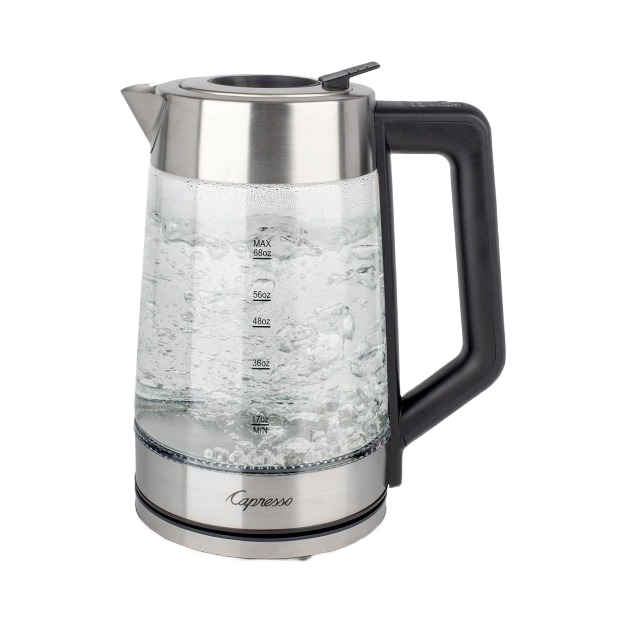 Clear glass electric kettle with stainless steel accents and black handle boiling water rapidly