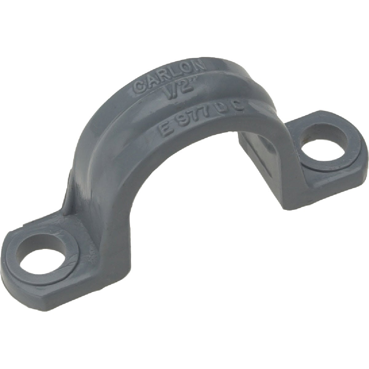 Gray durable PVC pipe strap with two mounting holes for secure fastening in home improvement projects