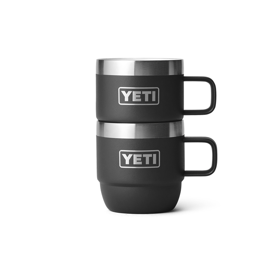 Two black stackable mugs with stainless steel rims from durable kitchenware and drinkware collections under $100