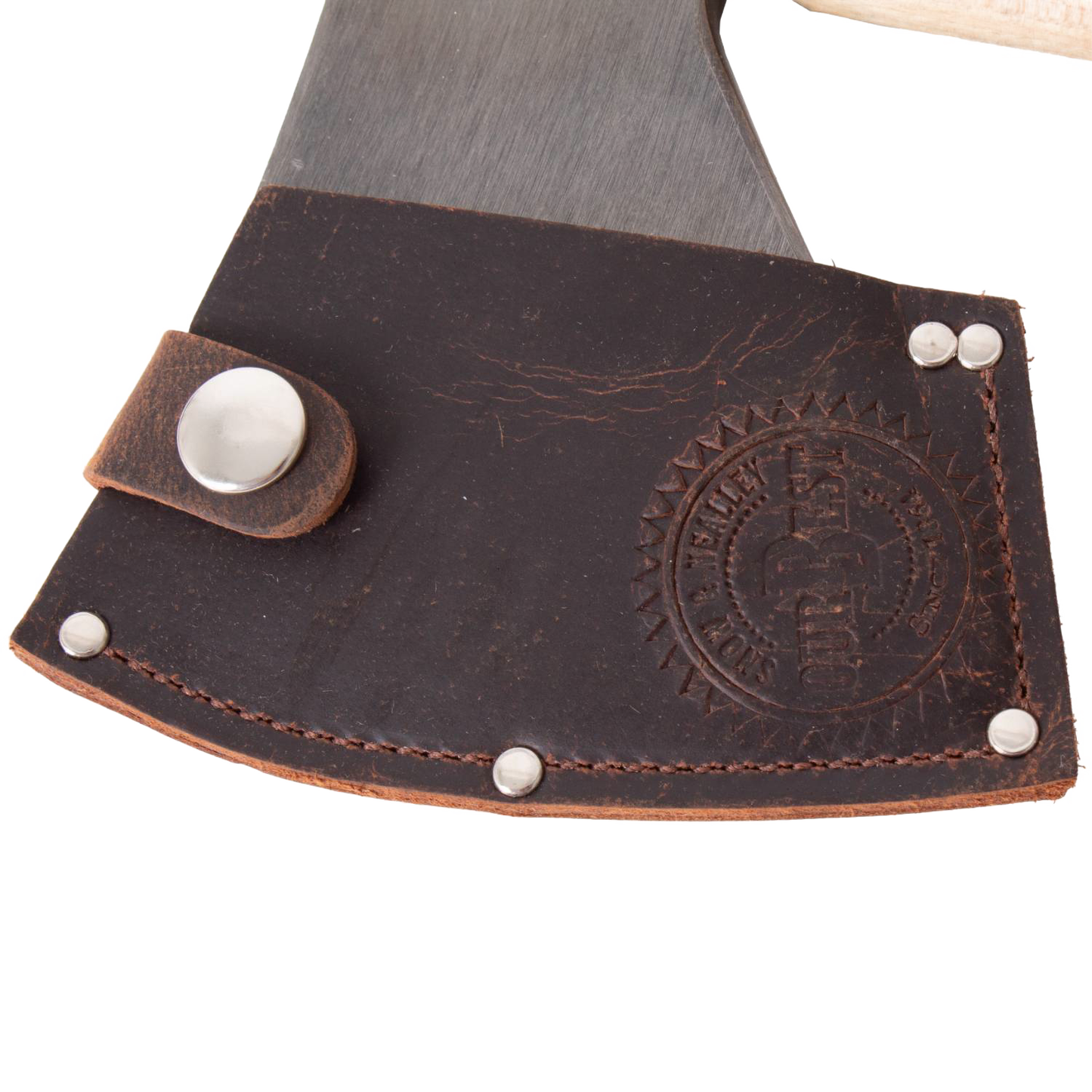 Leather sheath with button closure and embossed logo for kindling axe in outdoor tool and gardening collections under $100