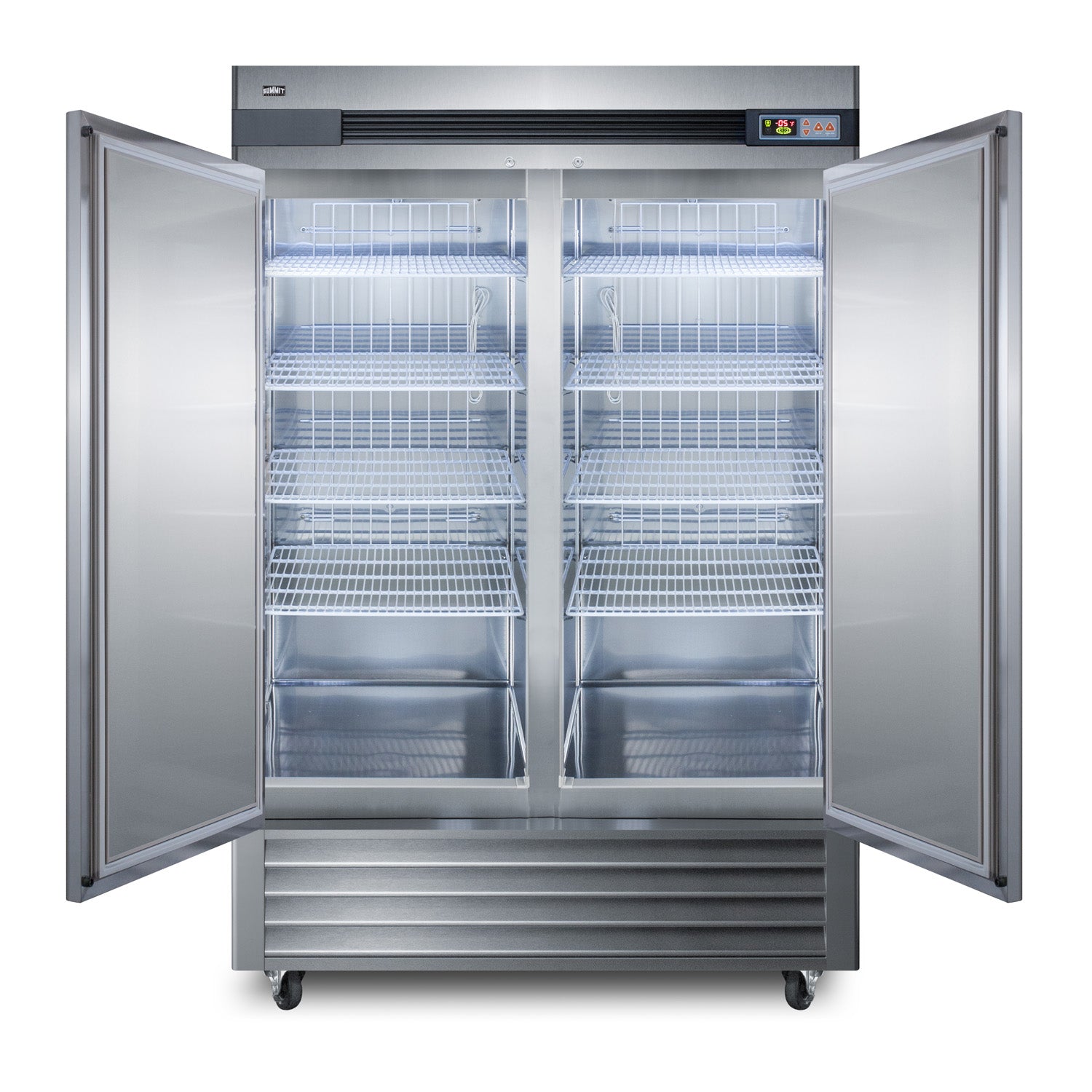 Commercial stainless steel two-door reach-in all-freezer with multiple wire shelves in Freezers & Ice Makers collection