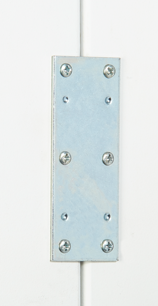 Rectangular hot-rolled steel mending plate secured with six screws for panel reinforcement in building hardware projects