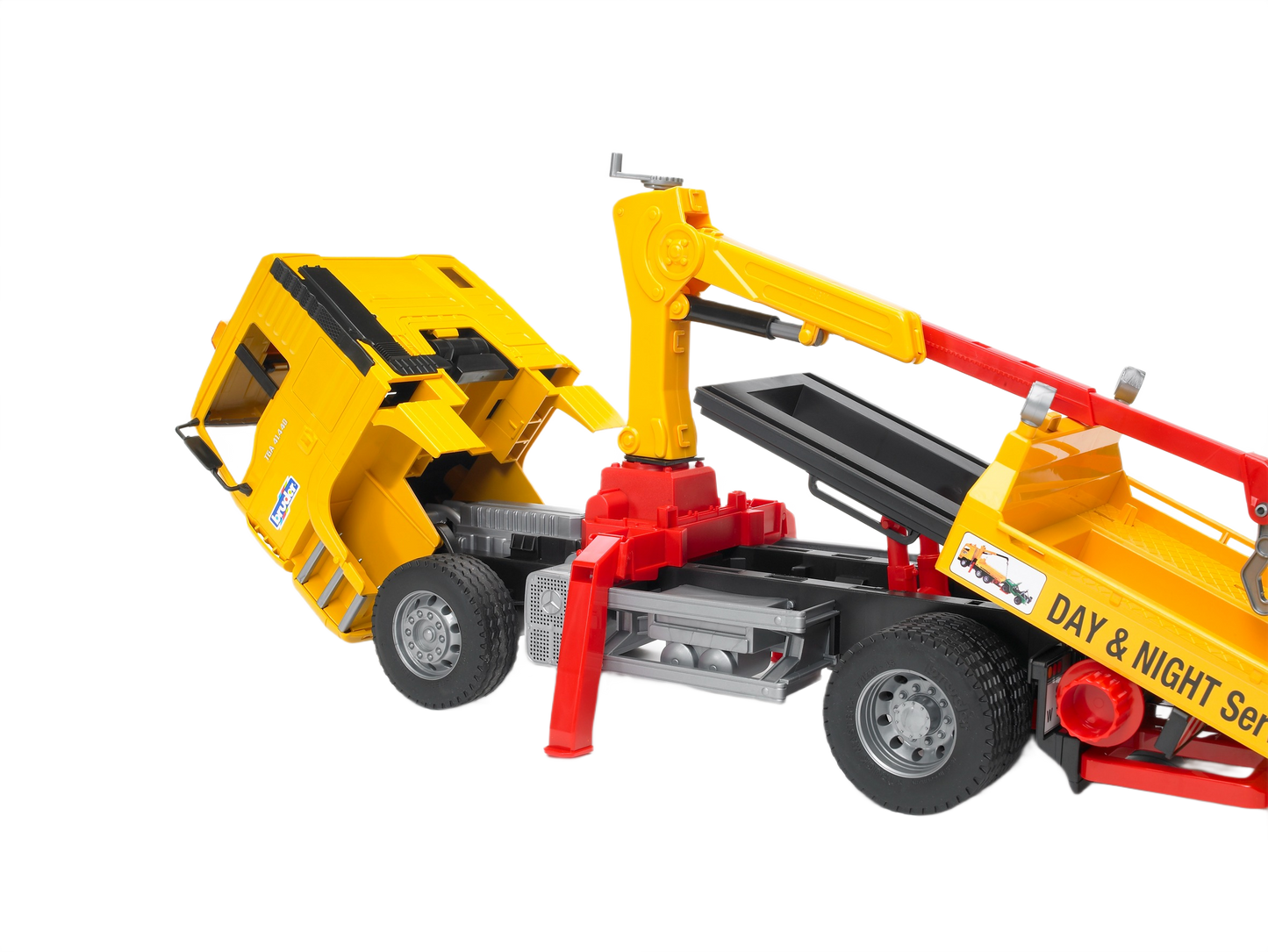 Yellow toy tow truck with operating crane and detachable cabin for realistic vehicle play and modeling