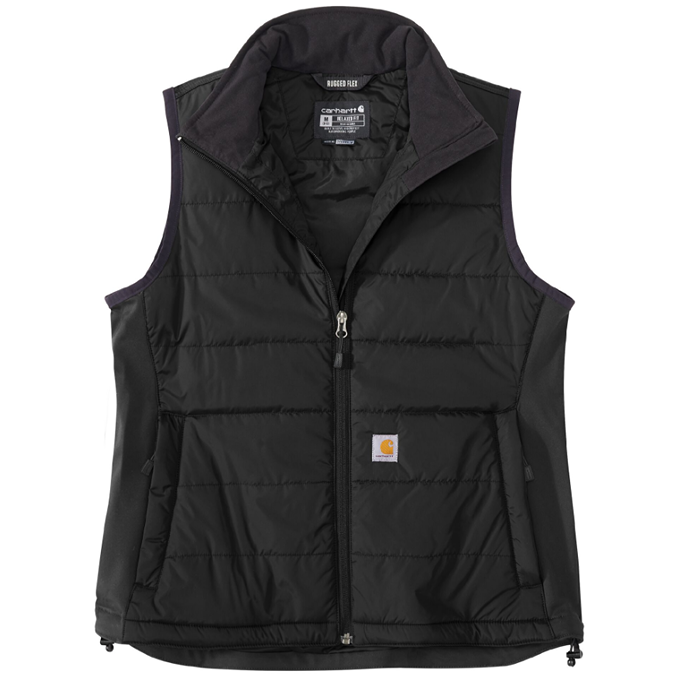 Black insulated vest with full zipper and soft collar, designed for women’s outerwear under $100 collection