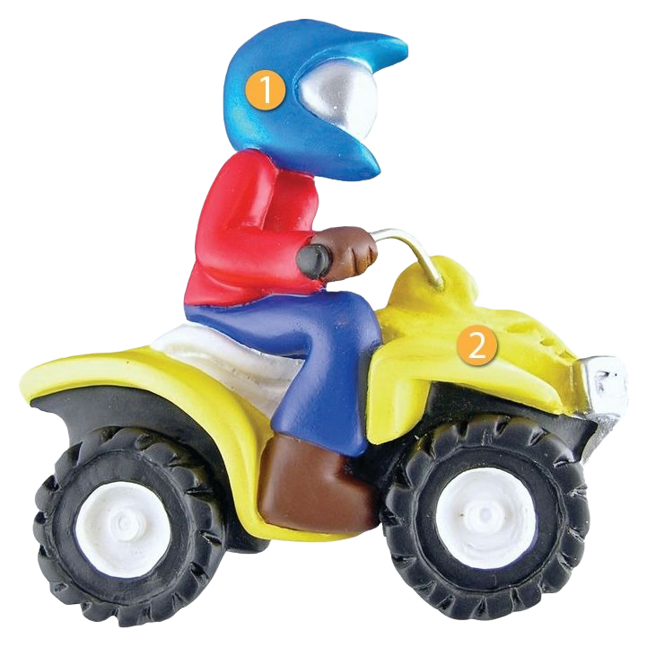 Colorful figurine of rider in blue helmet on yellow four-wheeler from Christmas Ornaments & Tree Decorations collection