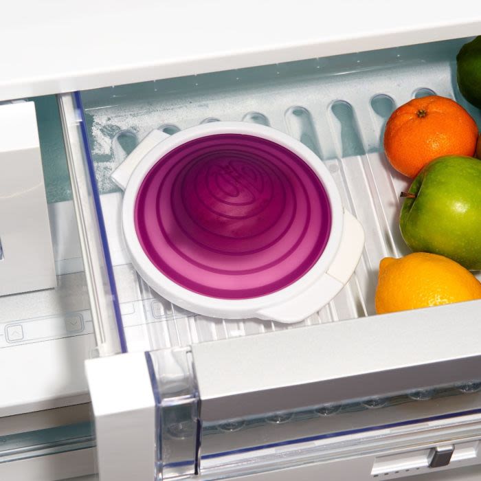 Flexible purple silicone onion saver in refrigerator drawer for food storage and kitchen organization under $50 collection