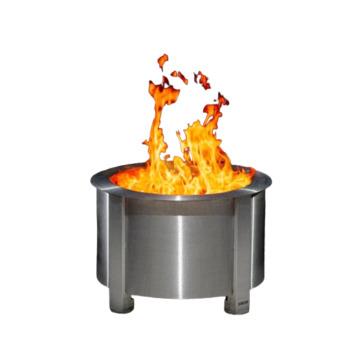 Stainless steel smokeless fire pit with bright orange flames for outdoor home improvement and backyard gatherings
