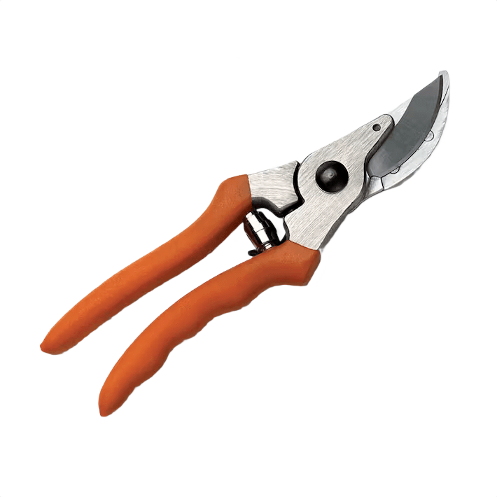 Hand pruner with chrome-plated blade and ergonomic orange handles for precise cutting in gardening and pruning tools collection
