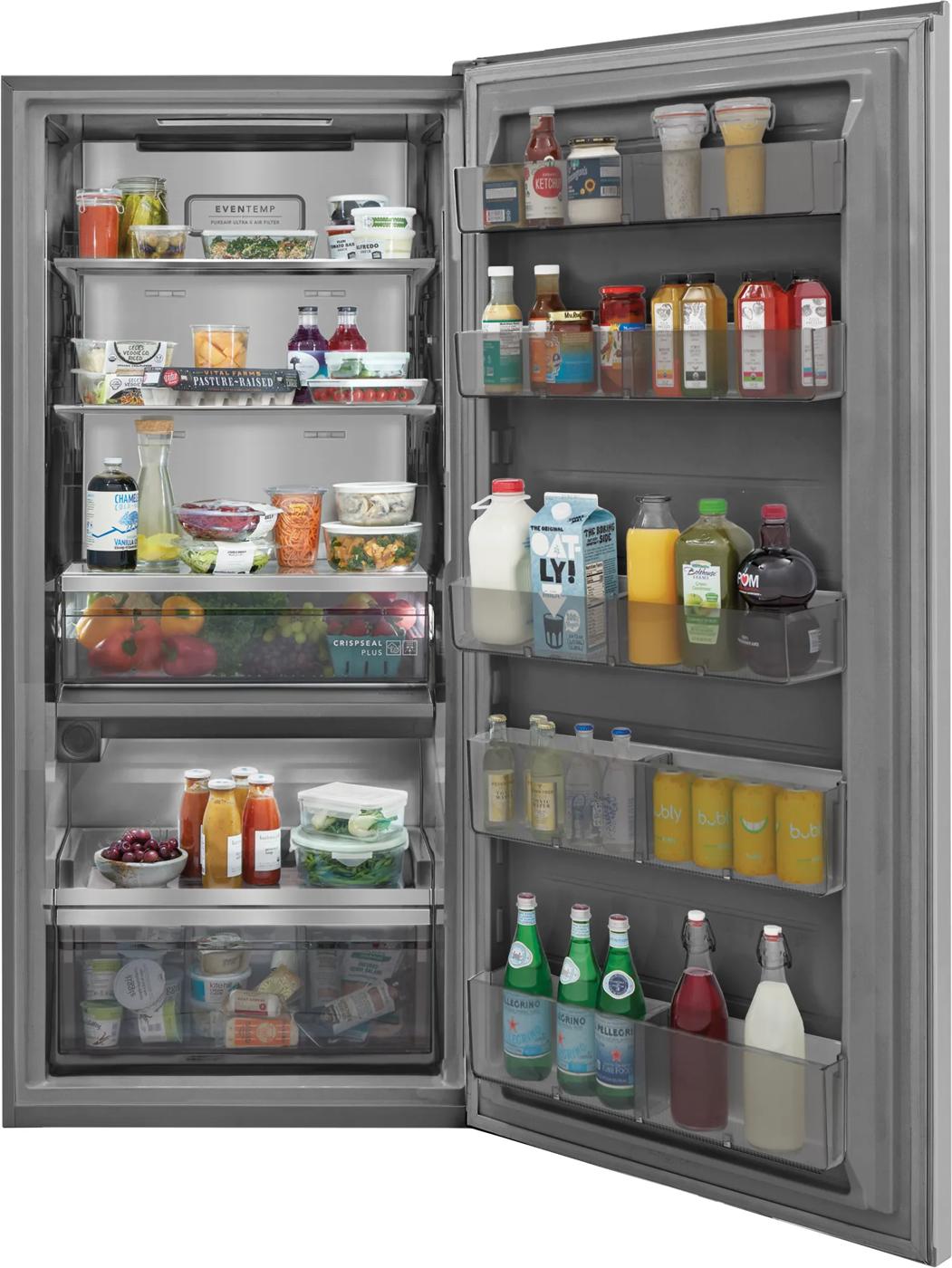 open stainless steel 19 cu ft refrigerator filled with organized food and beverages for kitchen appliances