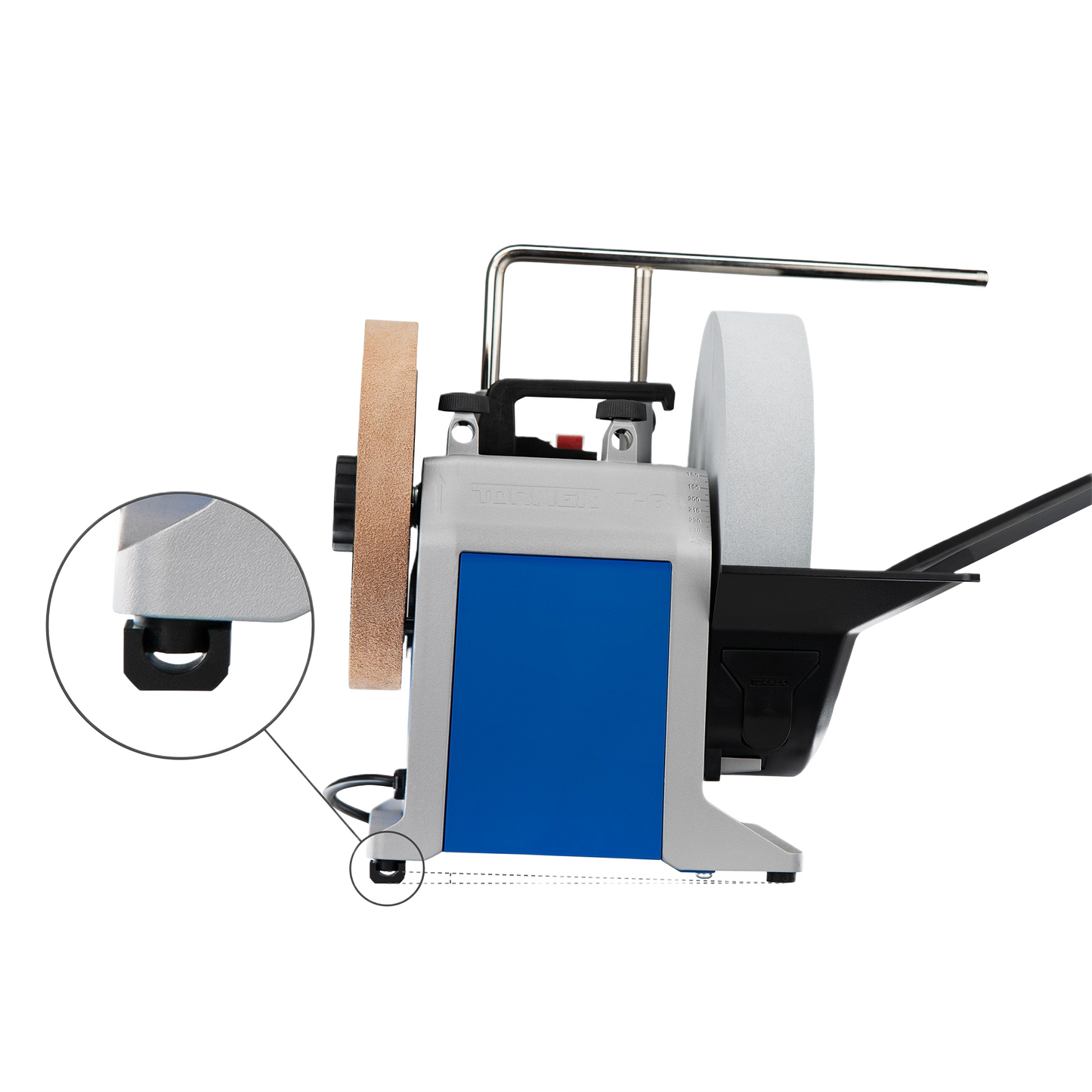 Side view of Tormek T-8 sharpener featuring added tilt feet for improved water management in woodworking tools collection