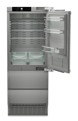 Built-in stainless steel refrigerator/freezer with right hinge, ice maker, adjustable shelves, and clear drawers in appliances collection