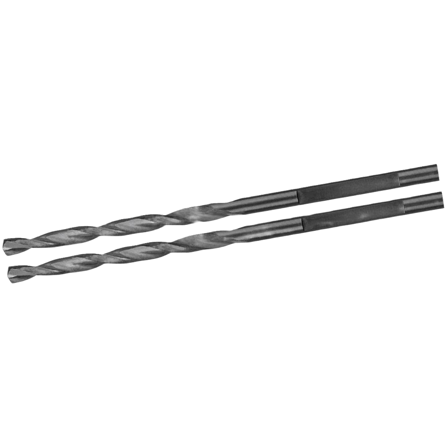 Two black metal drill bits with spiral flutes designed for precision drilling in home improvement tool accessories collection
