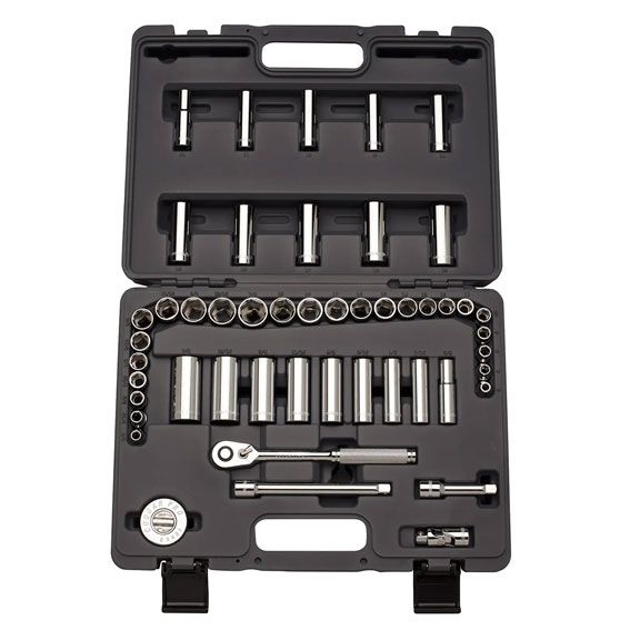 46-piece 1/4-inch drive socket set in black molded case, suited for hand tools and woodworking applications