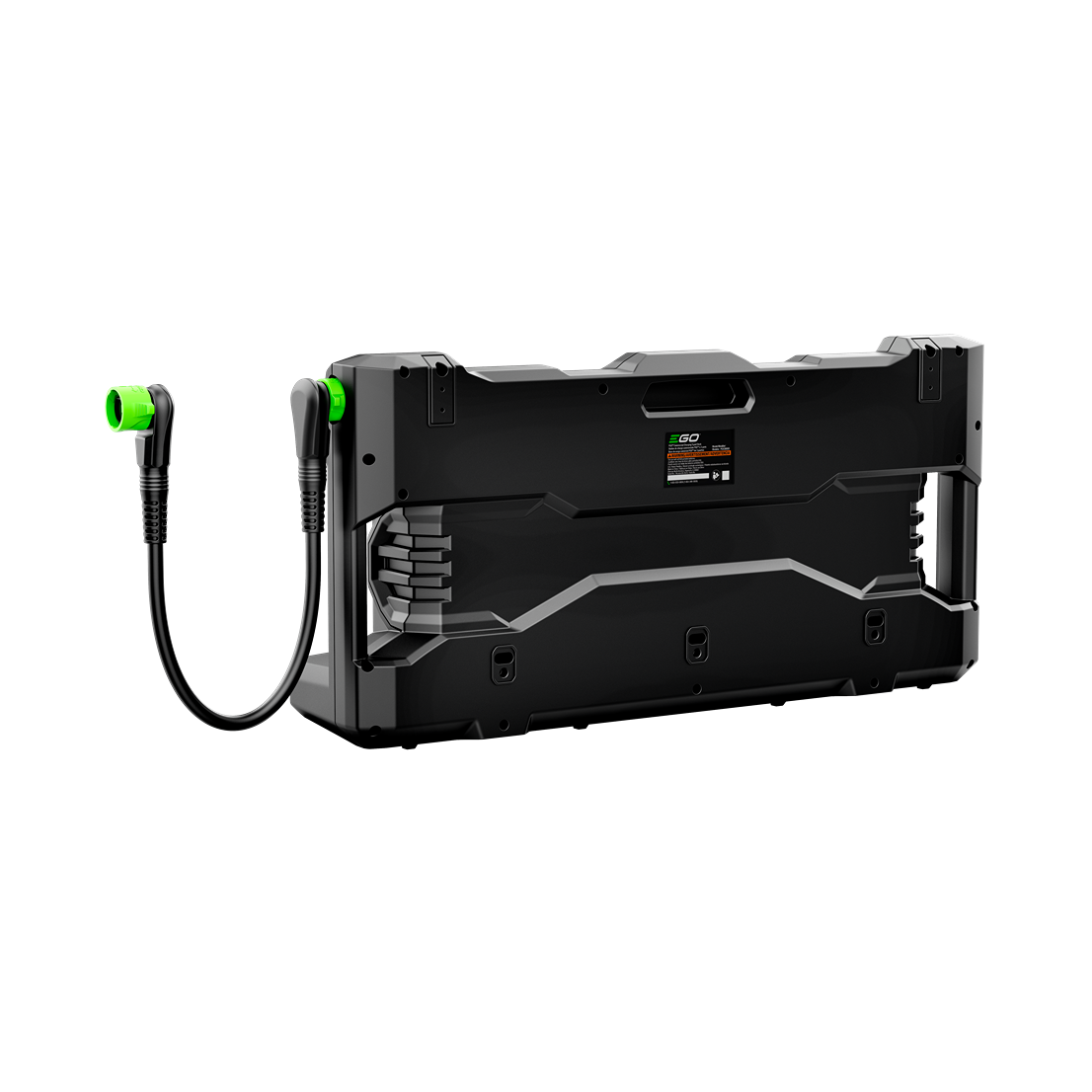 Black commercial charging dock with three ports and green accents for power tool batteries in portable power collection