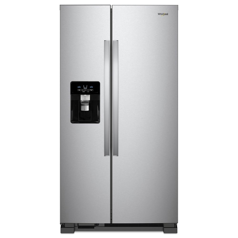 Stainless steel side-by-side refrigerator with external water dispenser from kitchen and appliance collections