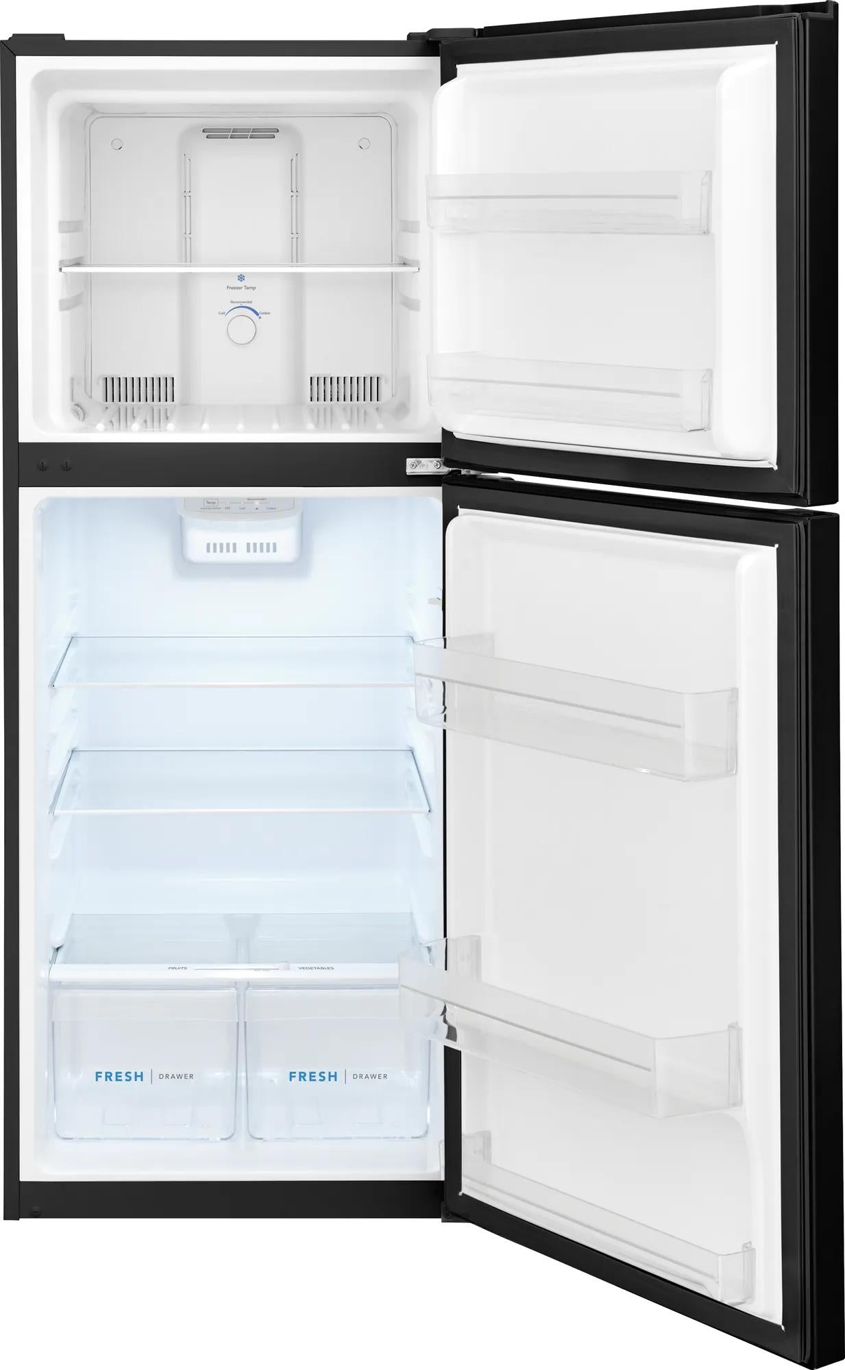 Open black top freezer refrigerator with adjustable shelves and fresh drawer crisper bins from Refrigerators and Appliances collections