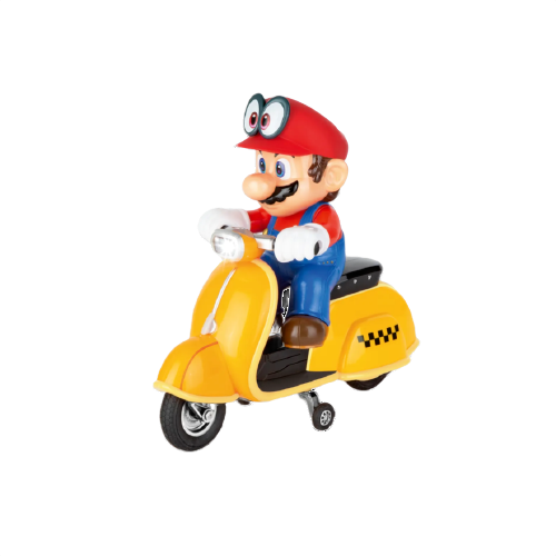 Yellow toy scooter with a character wearing red cap and blue overalls, featuring black and white checkered side details