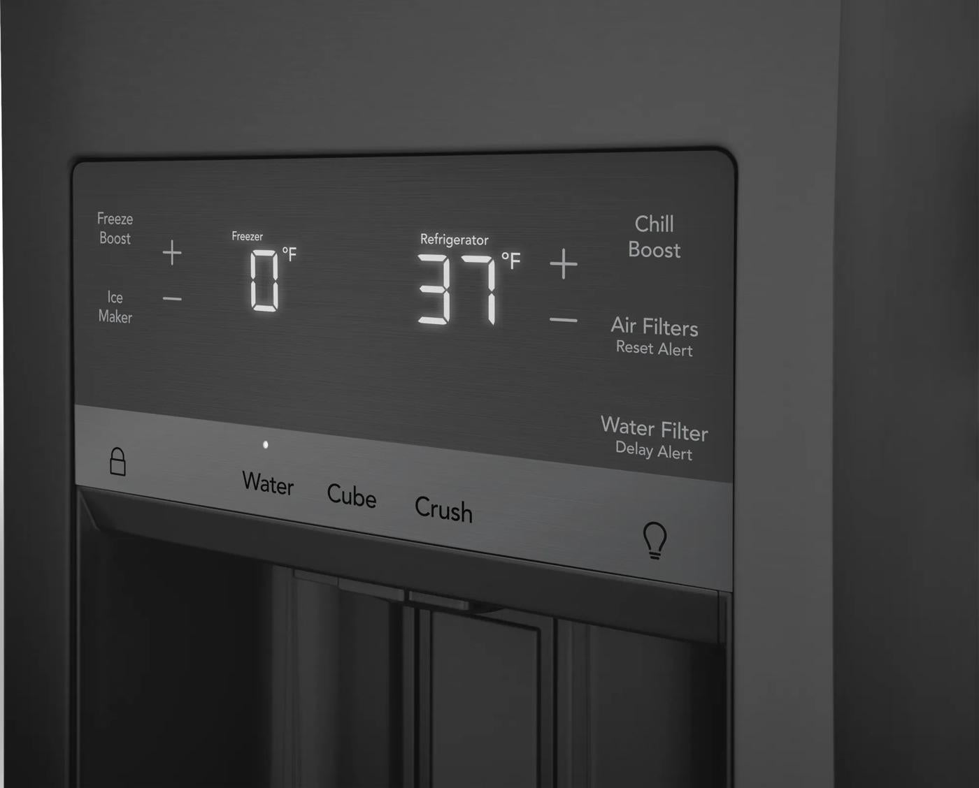 Close-up of digital control panel on stainless steel refrigerator with temperature and dispenser settings in Appliances collection