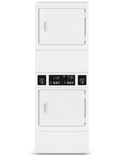 Front view of white commercial stack electric dryer with solid doors and coin drop controls from Electric Dryers collection