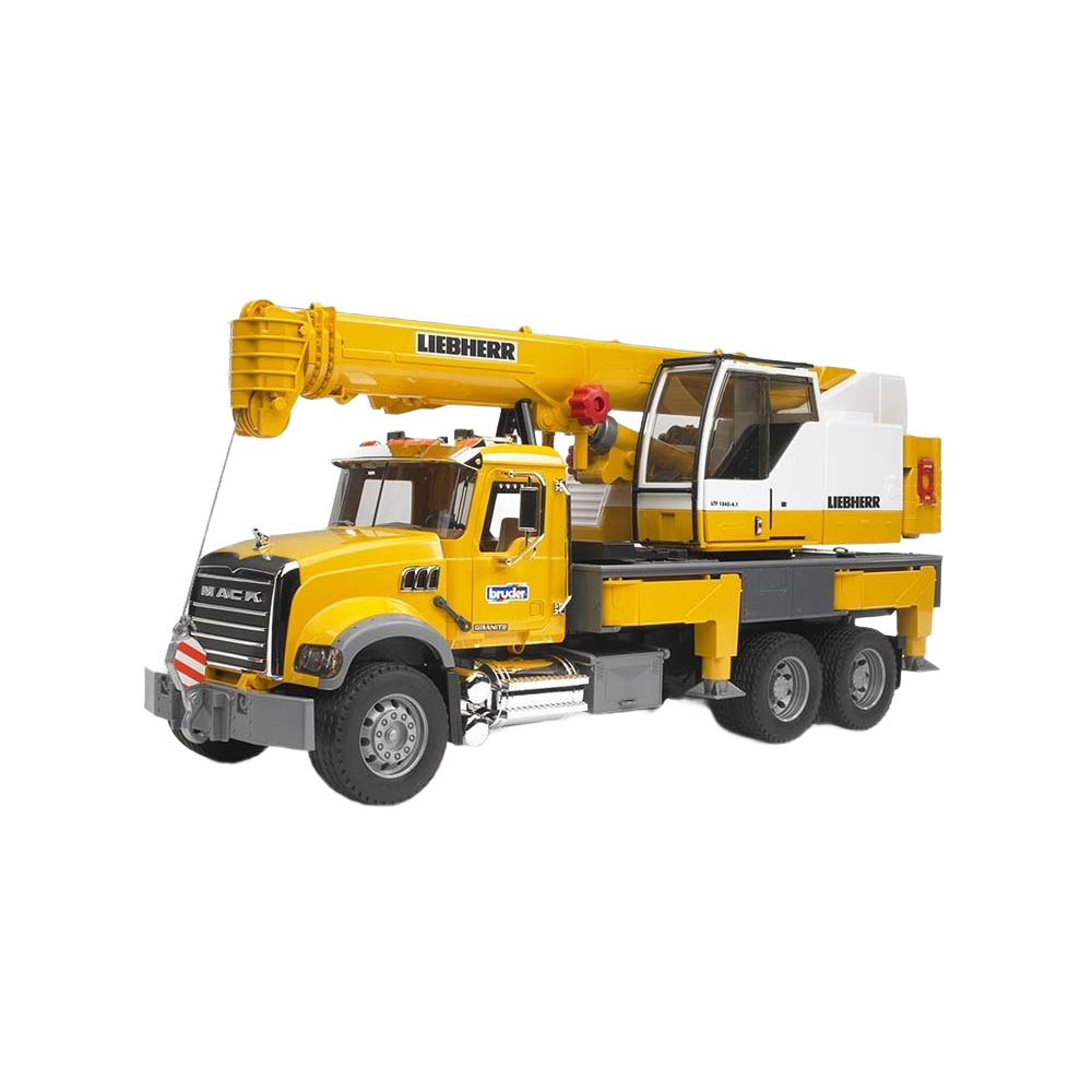 Yellow and white Bruder model crane truck with extendable boom, part of Vehicles & Remote Controlled Toys collection
